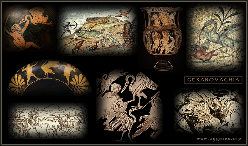Images of the geranomachia (Pygmies against cranes) on vases, frescoes, mosaics and antique prints