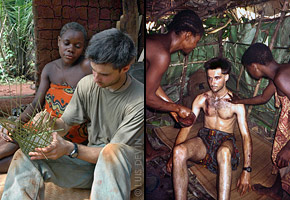 Luis Devin during the Baka Pygmy initiation rite; Making of a basket with plant fibers.